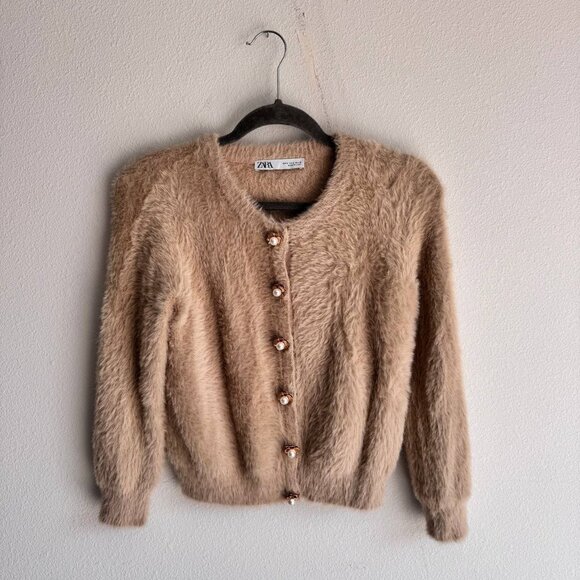ZARA Pearl Fuzzy Knit Cardigan - Picture 1 of 12